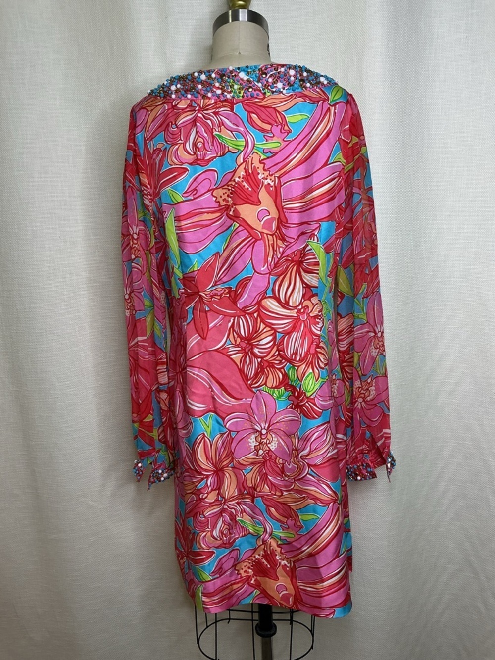 Lilly Pulitzer Pink Floral Beaded Tunic Dress Size 10 Resort Chic - Picture 3 of 11